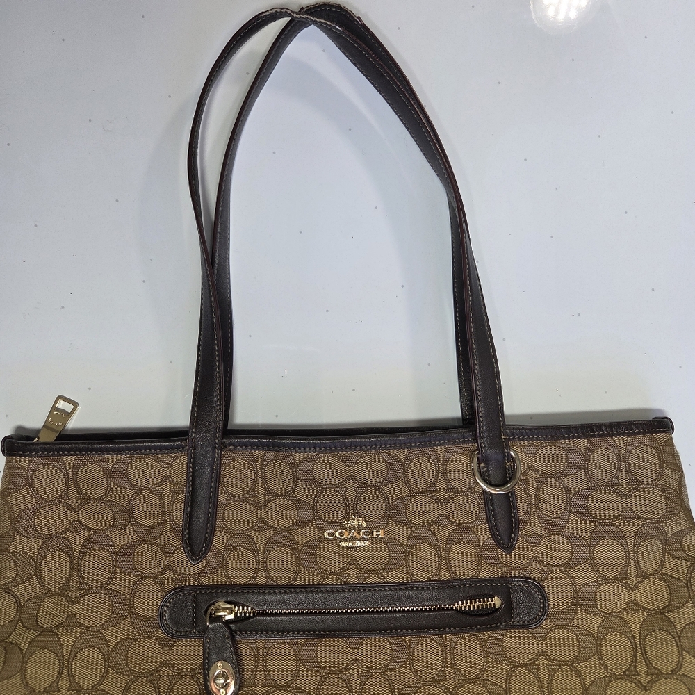 Coach 'Taylor Tote' in Signature Jacquard  Tan & Brown with Gold Hardware - Picture 5 of 15